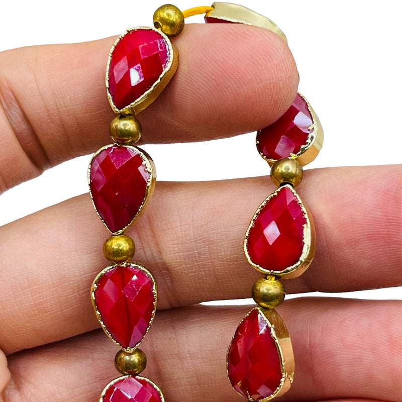 14x10mm Tear Drop Gold Edge Ruby Jade