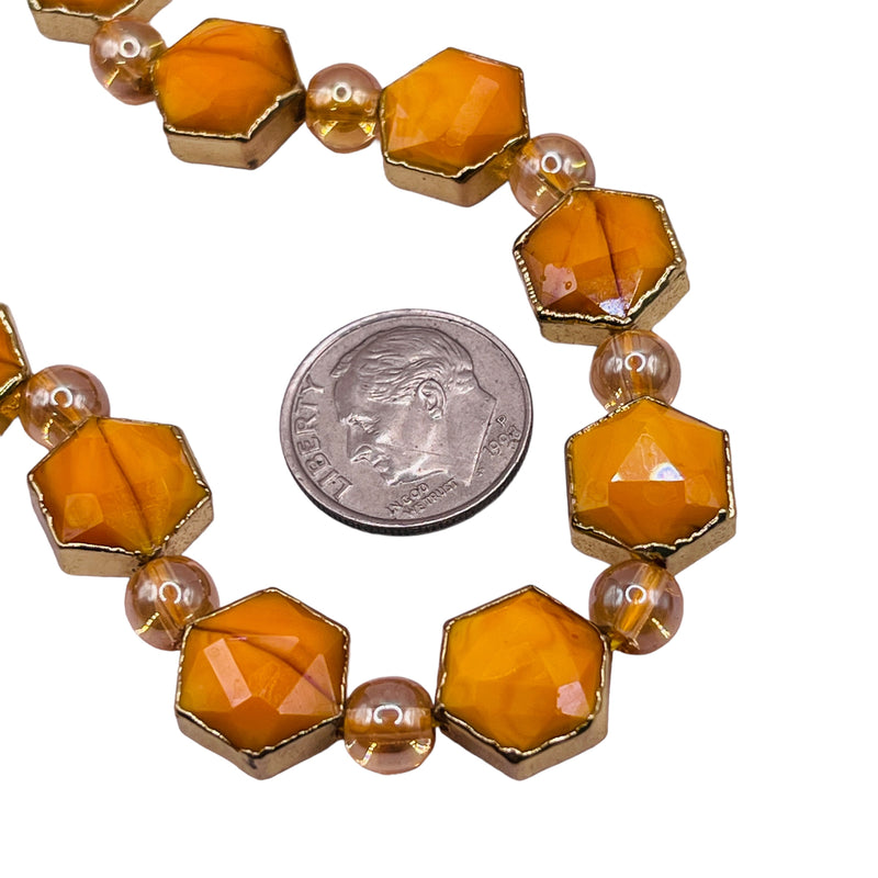 12x11mm Hexagon Gold Edge Orange Jade