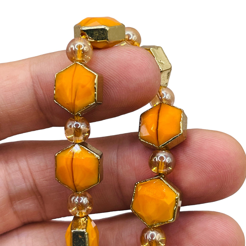 12x11mm Hexagon Gold Edge Orange Jade